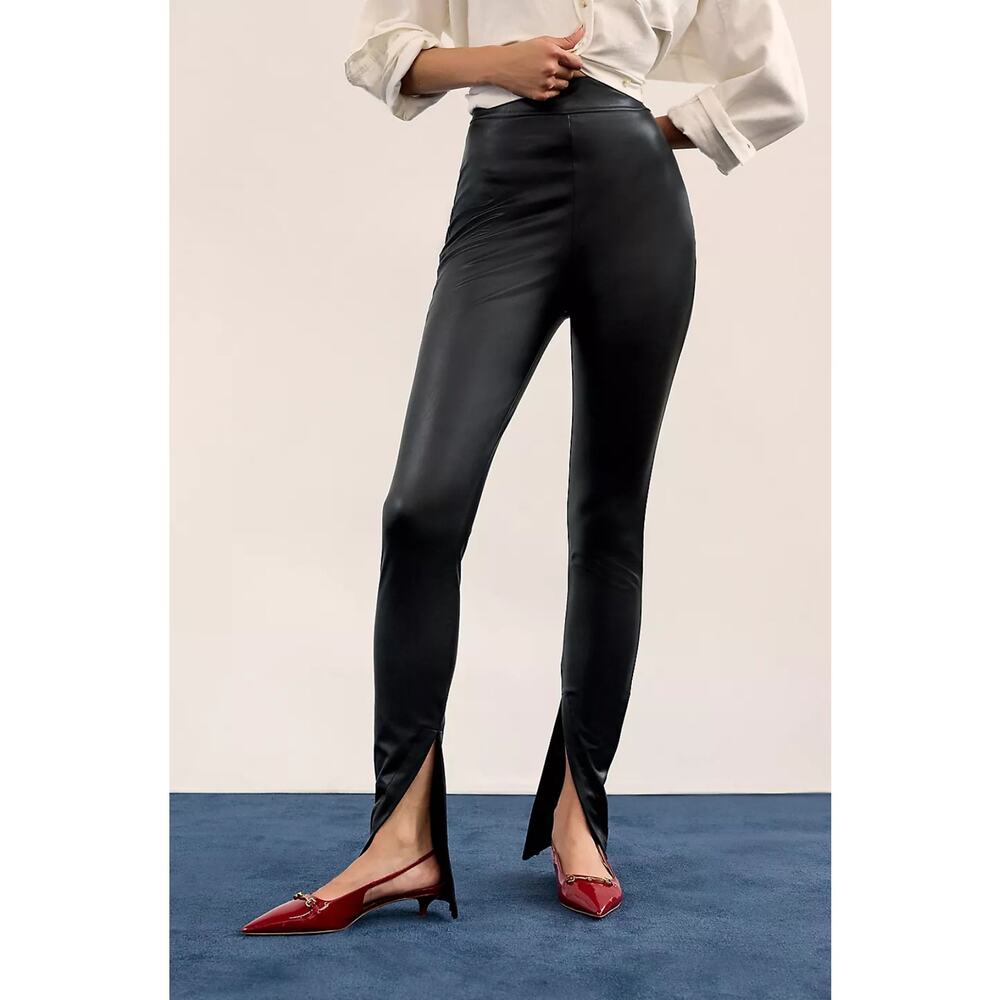 Anthropologie Avec Les Filles Black High Waist Faux Leather Slit Legging Size L